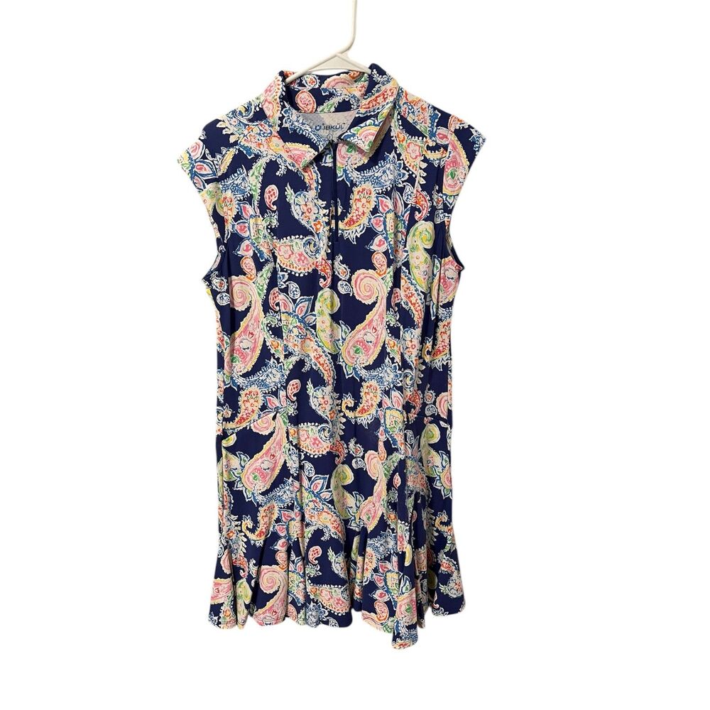 IBKUL Sleeveless Zip Polo Golf Dress Navy Paisley Sz L